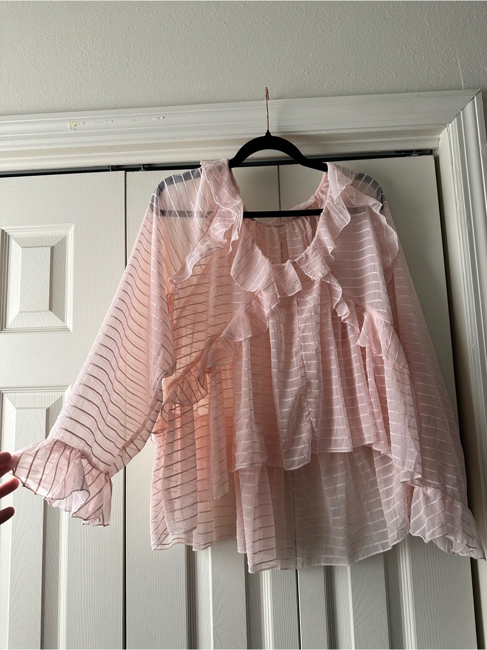 Sheer Ruffled Pink Striped Blouse